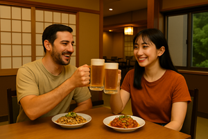 温泉で乾杯
